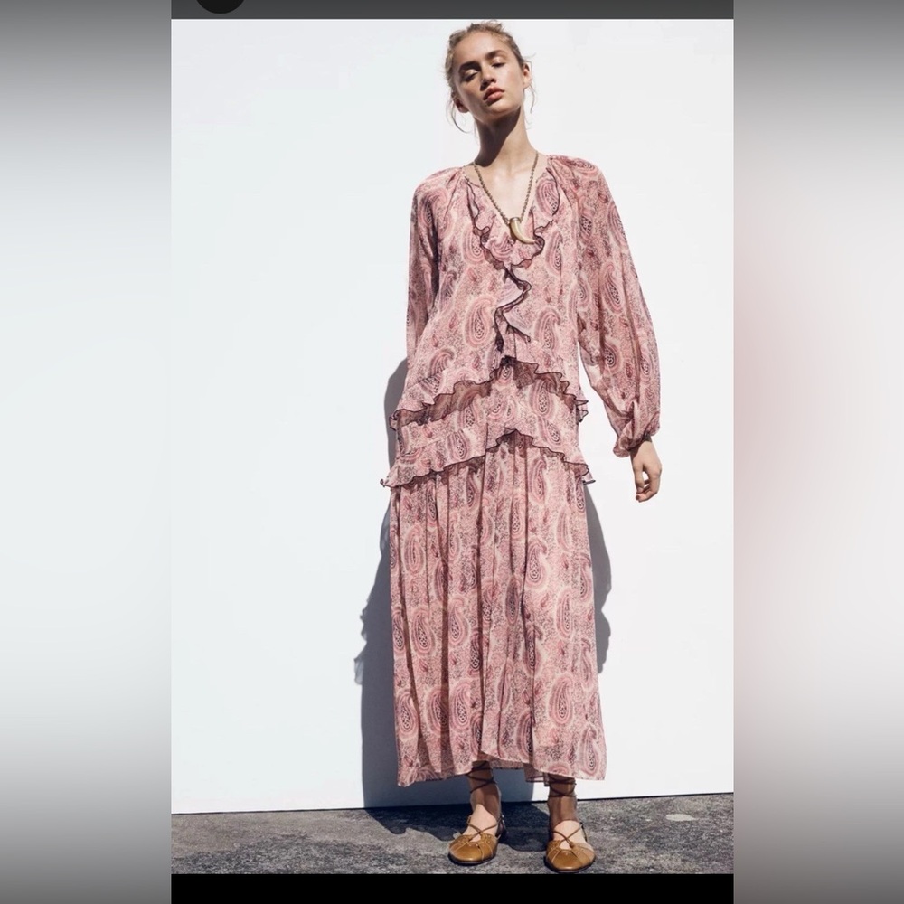 Zara paisley print ruffled front chiffon style boho maxi dress size XL brand new